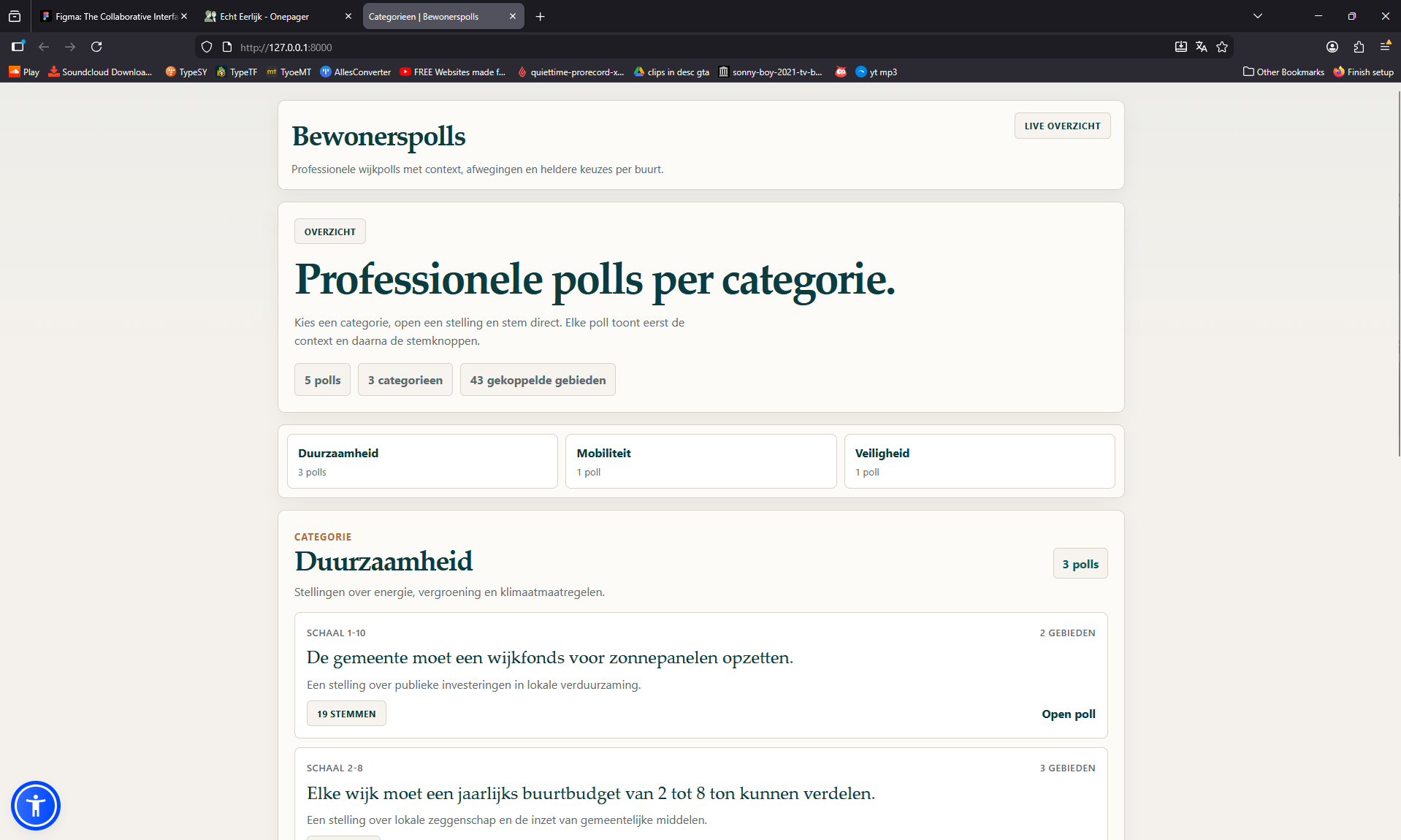 Screenshot van Stijns prototype met het overzicht van bewonerspolls